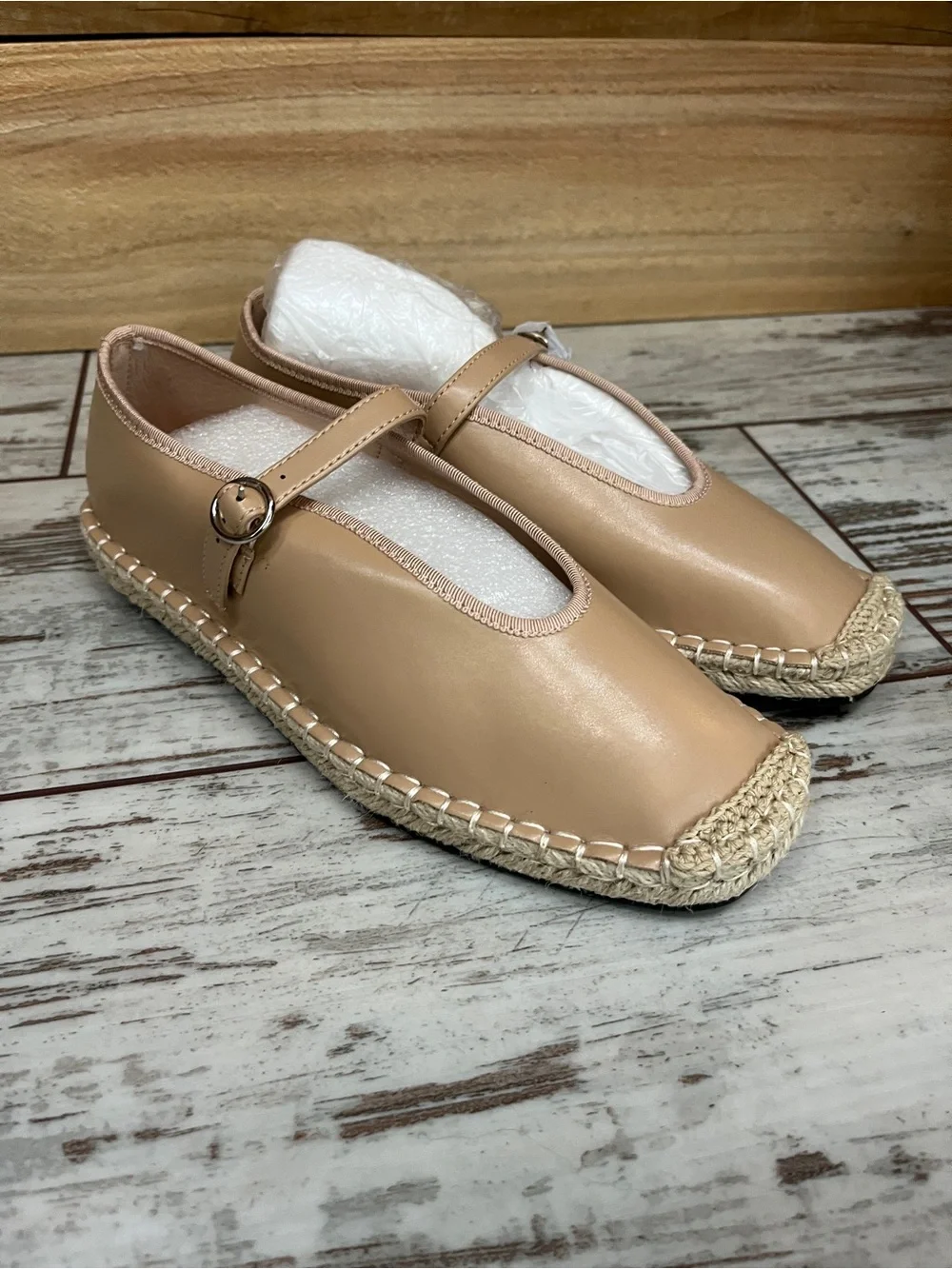 Coutgo Beige Tan Square Toe Mary Jane Espadrille Flats Ankle Strap Womens 7 NWOT